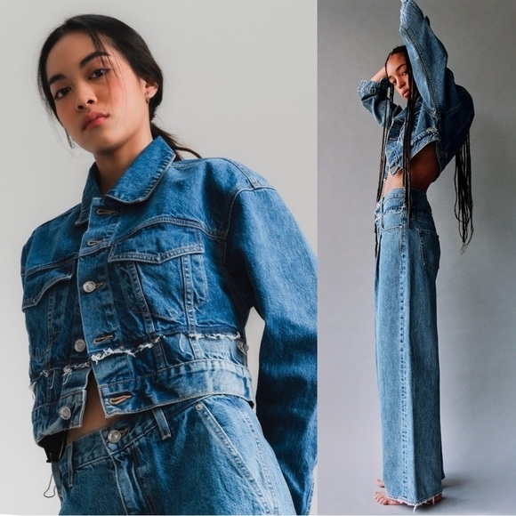 NWT SLVRLAKE 90s Re-Work Distressed Denim Cropped Oversize Jean Trucker Jacket L - Picture 5 of 15